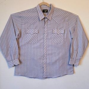 RODEO Men's western shirt, Gray/white/blue pin stripe, pearl buttons, XXL